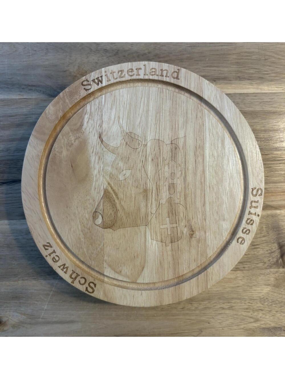 Swiss Switzerland Wood Swivel Open Round Cheese Board Set Utensils Souvenir Cow